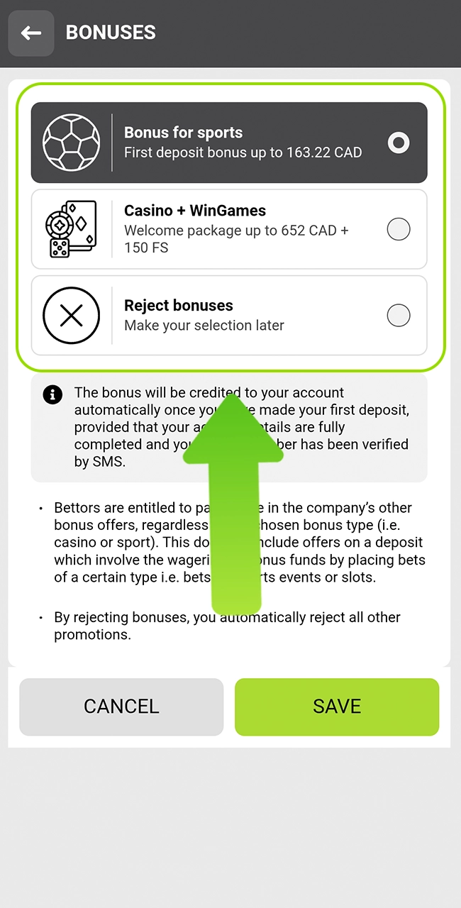 Choose the bonus and specify your personal data at WinWin.